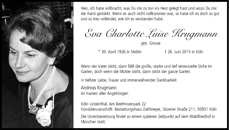  Traueranzeige für Eva Charlotte Luise Krugmann vom 04.07.2015 aus Kölner Stadt-Anzeiger / Kölnische Rundschau / Express