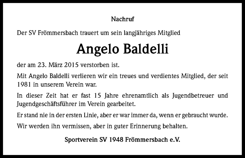  Traueranzeige für Angelo Baldelli vom 28.03.2015 aus Kölner Stadt-Anzeiger / Kölnische Rundschau / Express