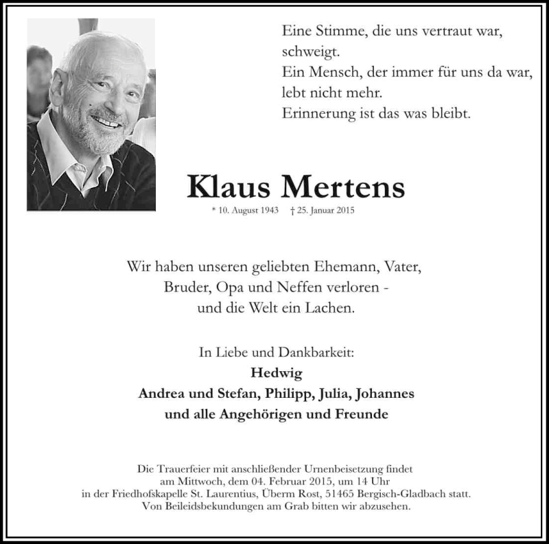  Traueranzeige für Klaus Mertens vom 31.01.2015 aus Kölner Stadt-Anzeiger / Kölnische Rundschau / Express