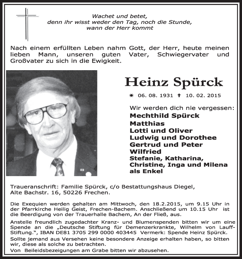  Traueranzeige für Heinz Spürck vom 14.02.2015 aus  Sonntags-Post 
