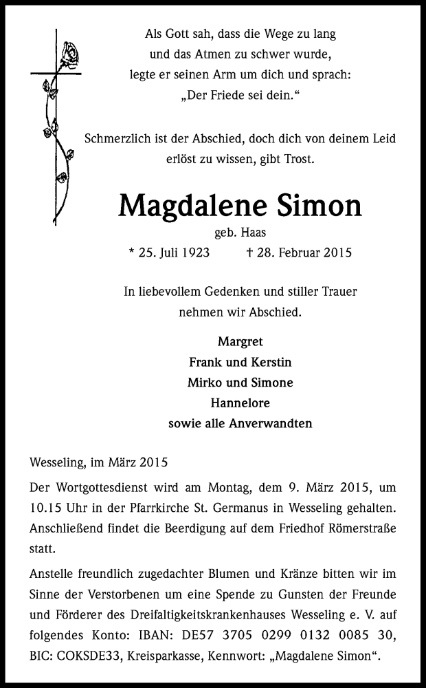  Traueranzeige für Magdalene Simon vom 04.03.2015 aus Kölner Stadt-Anzeiger / Kölnische Rundschau / Express