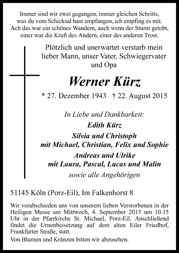  Traueranzeige für Werner Kürz vom 26.08.2015 aus  Kölner Wochenspiegel  Anzeigen Echo 
