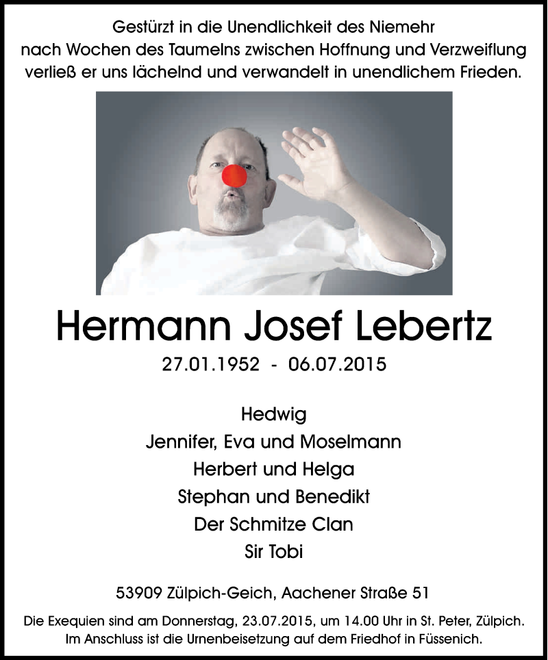  Traueranzeige für Hermann Josef Lebertz vom 18.07.2015 aus Kölner Stadt-Anzeiger / Kölnische Rundschau / Express