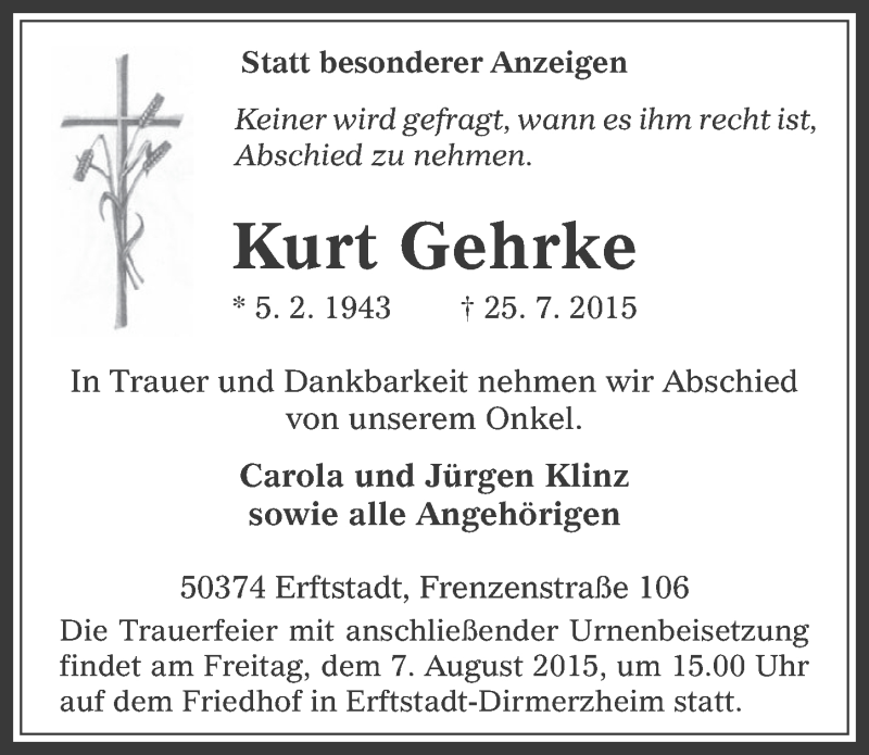  Traueranzeige für Kurt Gehrke vom 05.08.2015 aus  Werbepost 