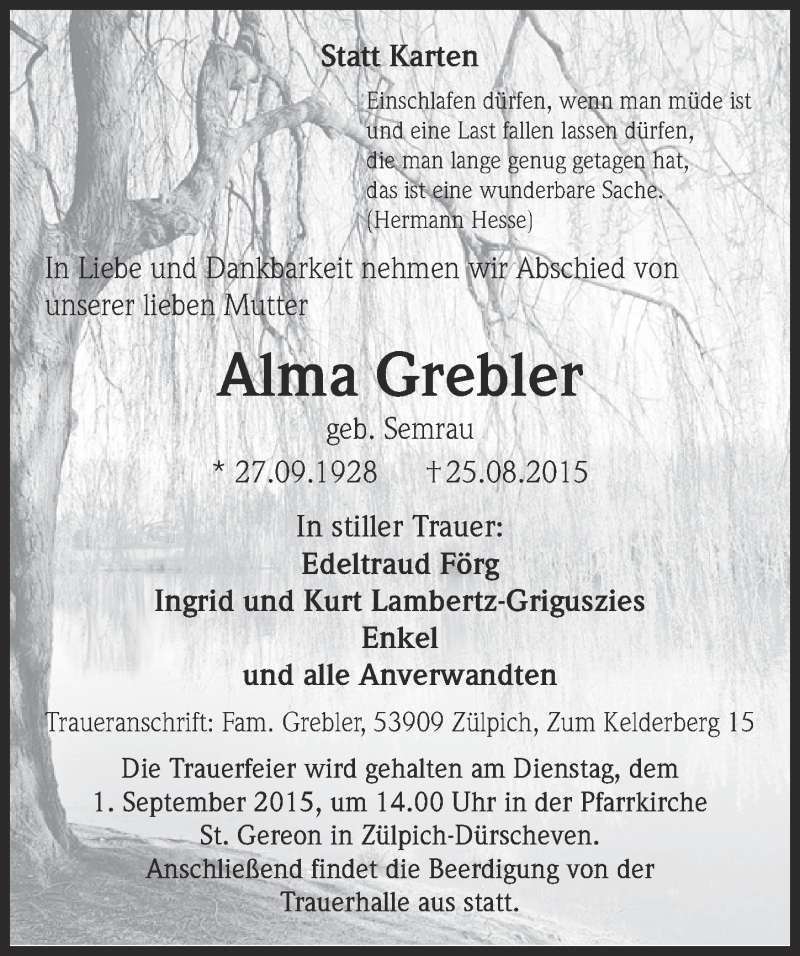  Traueranzeige für Alma Grebler vom 30.08.2015 aus  Blickpunkt Euskirchen 
