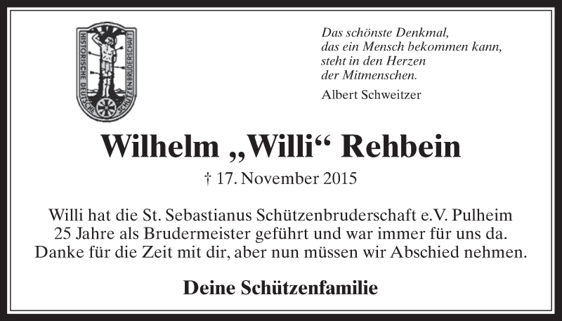  Traueranzeige für Wilhelm  Rehbein vom 25.11.2015 aus  Wochenende 