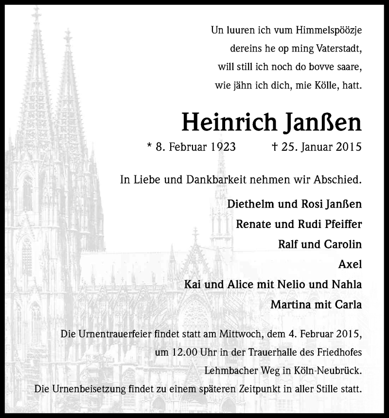  Traueranzeige für Heinrich Janßen vom 29.01.2015 aus Kölner Stadt-Anzeiger / Kölnische Rundschau / Express