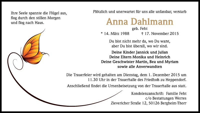  Traueranzeige für Anna - Luise Dahlmann vom 28.11.2015 aus Kölner Stadt-Anzeiger / Kölnische Rundschau / Express
