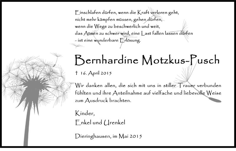  Traueranzeige für Bernhardine Motzkus-Pusch vom 27.05.2015 aus  Anzeigen Echo 