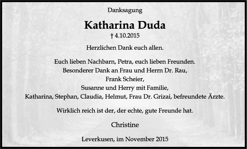  Traueranzeige für Katharina Duda vom 13.11.2015 aus Kölner Stadt-Anzeiger / Kölnische Rundschau / Express