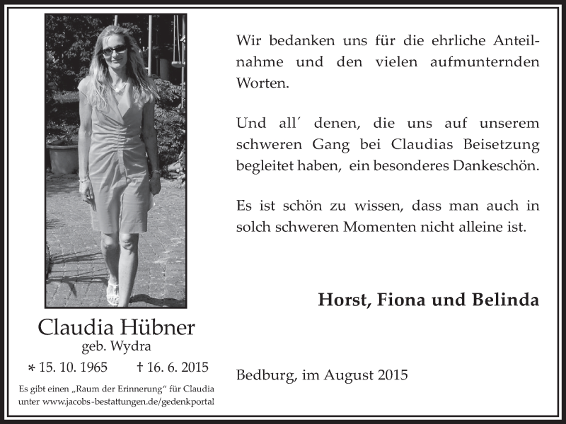  Traueranzeige für Claudia Hübner vom 05.08.2015 aus  Werbepost 