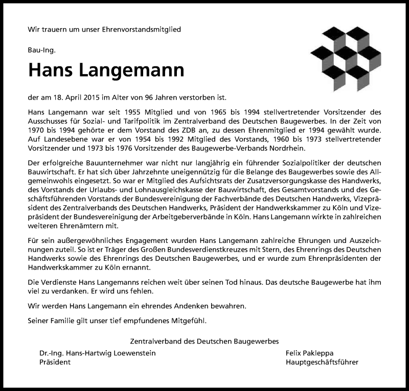  Traueranzeige für Hans Langemann vom 23.04.2015 aus Kölner Stadt-Anzeiger / Kölnische Rundschau / Express