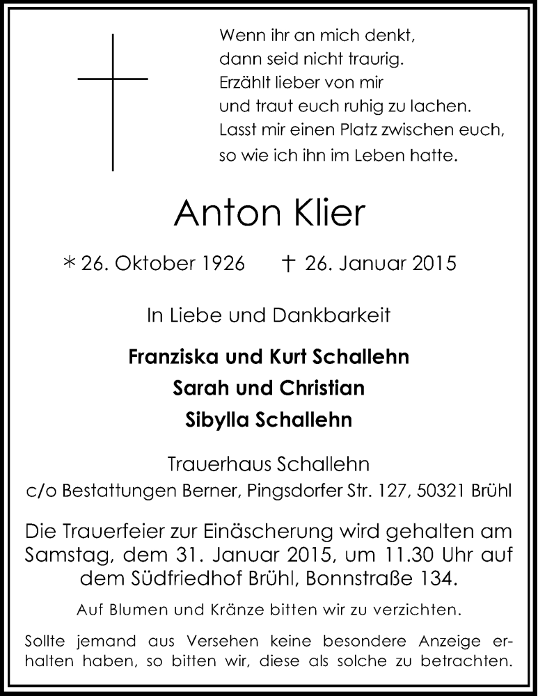  Traueranzeige für Anton Klier vom 29.01.2015 aus Kölner Stadt-Anzeiger / Kölnische Rundschau / Express