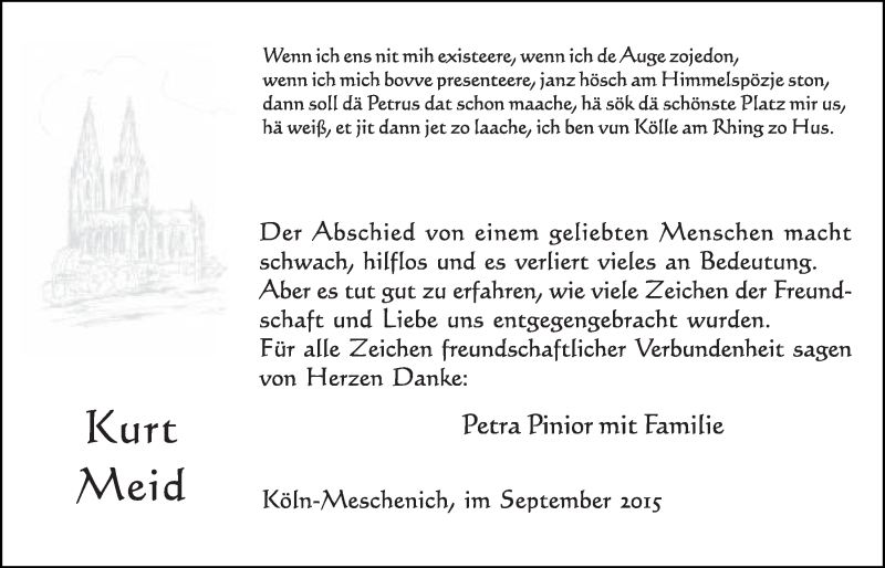 Traueranzeige für Kurt Meid vom 16.09.2015 aus  Schlossbote/Werbekurier 