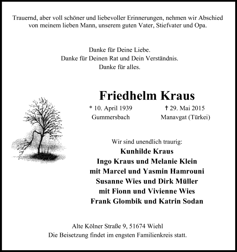  Traueranzeige für Friedhelm Kraus vom 06.06.2015 aus Kölner Stadt-Anzeiger / Kölnische Rundschau / Express