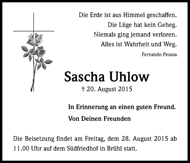  Traueranzeige für Sascha Uhlow vom 28.08.2015 aus Kölner Stadt-Anzeiger / Kölnische Rundschau / Express