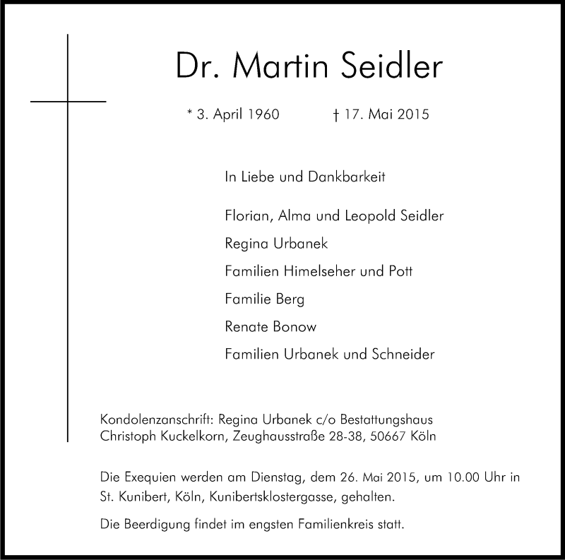  Traueranzeige für Martin Seidler vom 23.05.2015 aus Kölner Stadt-Anzeiger / Kölnische Rundschau / Express