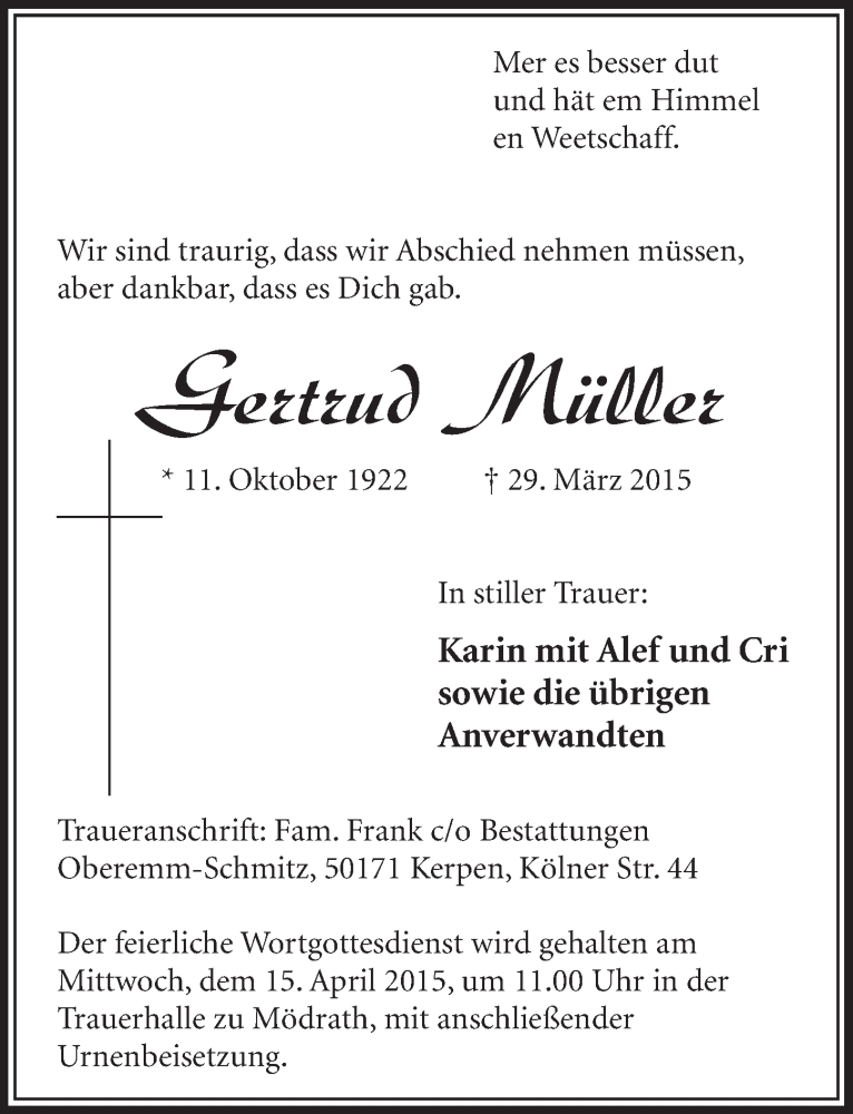  Traueranzeige für Gertrud Müller vom 11.04.2015 aus  Sonntags-Post 