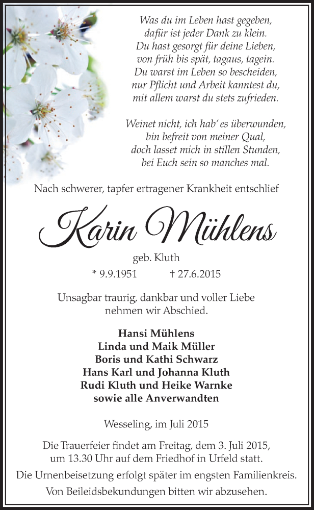  Traueranzeige für Karin Mühlens vom 01.07.2015 aus  Schlossbote/Werbekurier 