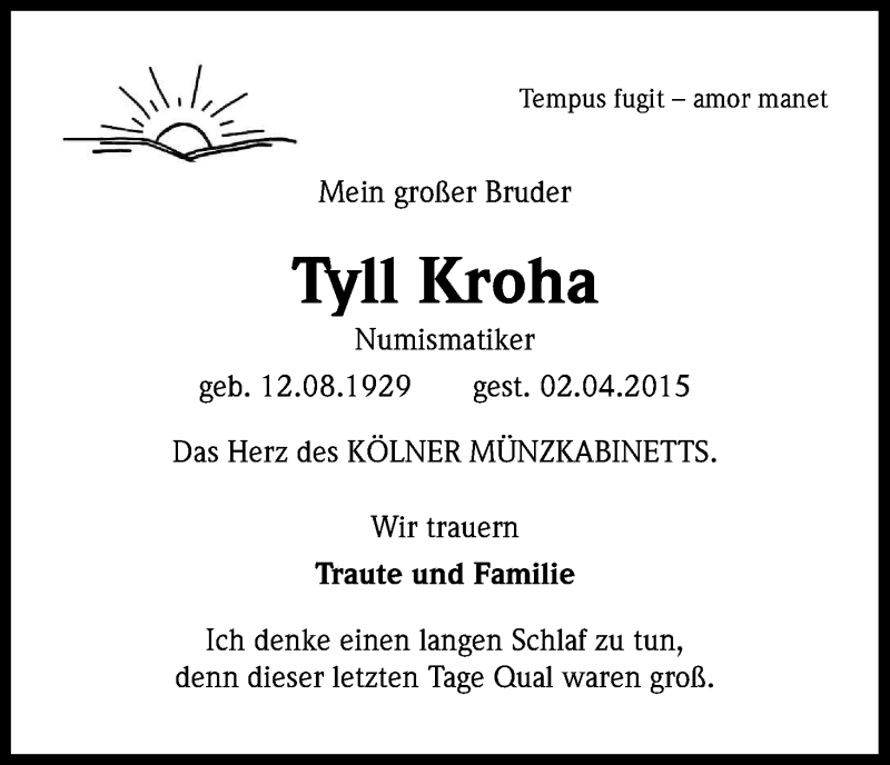  Traueranzeige für Tyll Kroha vom 11.04.2015 aus Kölner Stadt-Anzeiger / Kölnische Rundschau / Express