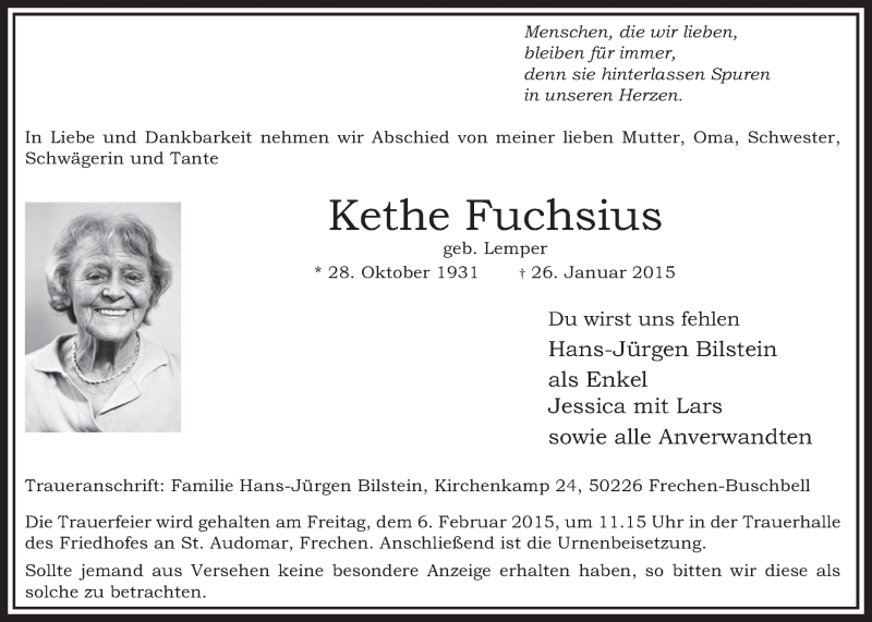  Traueranzeige für Kethe Fuchsius vom 31.01.2015 aus  Sonntags-Post 
