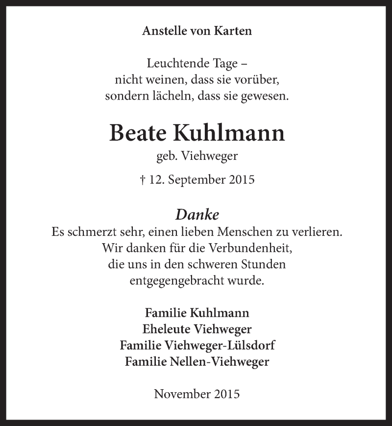  Traueranzeige für Beate Kuhlmann vom 11.11.2015 aus  Extra Blatt 