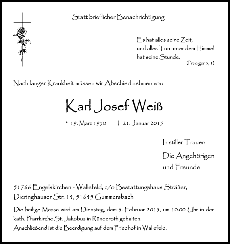  Traueranzeige für Karl Josef Weiß vom 24.01.2015 aus Kölner Stadt-Anzeiger / Kölnische Rundschau / Express
