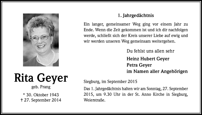  Traueranzeige für Rita Geyer vom 19.09.2015 aus Kölner Stadt-Anzeiger / Kölnische Rundschau / Express