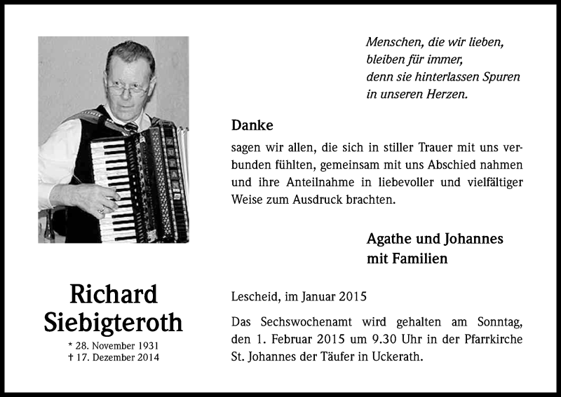  Traueranzeige für Richard Siebigteroth vom 24.01.2015 aus Kölner Stadt-Anzeiger / Kölnische Rundschau / Express