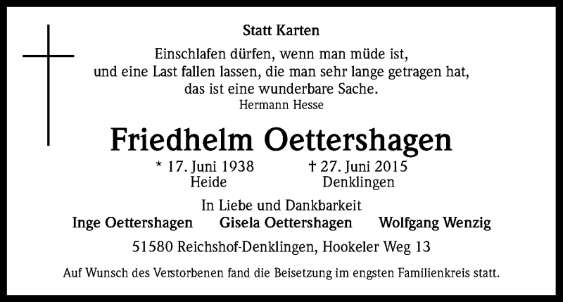  Traueranzeige für Friedhelm Oettershagen vom 08.07.2015 aus Kölner Stadt-Anzeiger / Kölnische Rundschau / Express