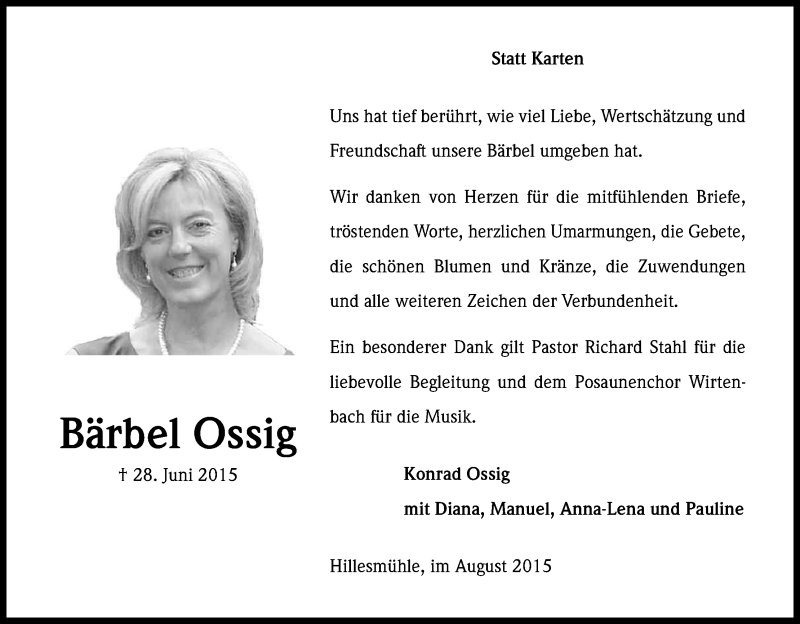  Traueranzeige für Bärbel Ossig vom 08.08.2015 aus Kölner Stadt-Anzeiger / Kölnische Rundschau / Express
