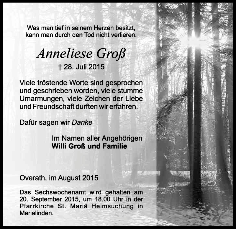  Traueranzeige für Anneliese Groß vom 12.09.2015 aus Kölner Stadt-Anzeiger / Kölnische Rundschau / Express