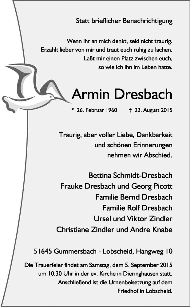  Traueranzeige für Armin Dresbach vom 28.08.2015 aus Kölner Stadt-Anzeiger / Kölnische Rundschau / Express