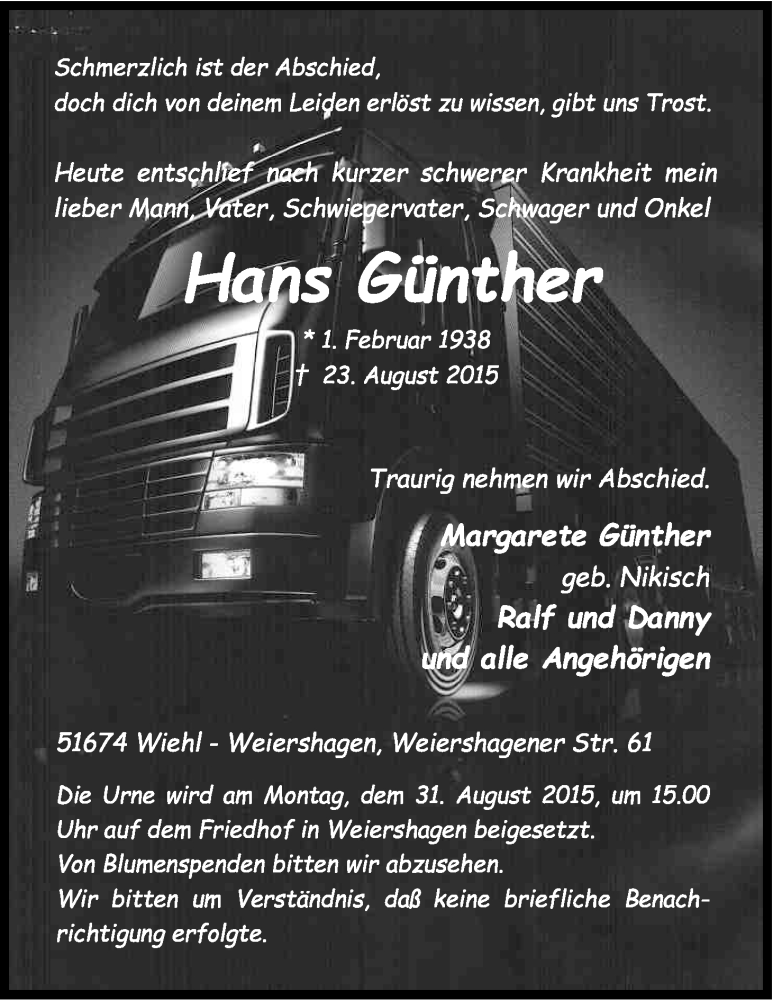  Traueranzeige für Hans Günther vom 28.08.2015 aus Kölner Stadt-Anzeiger / Kölnische Rundschau / Express