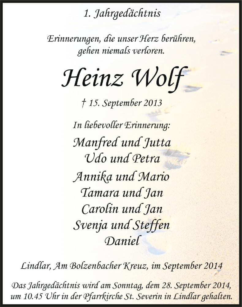  Traueranzeige für Heinz Wolf vom 13.09.2014 aus Köln - Wir Trauern