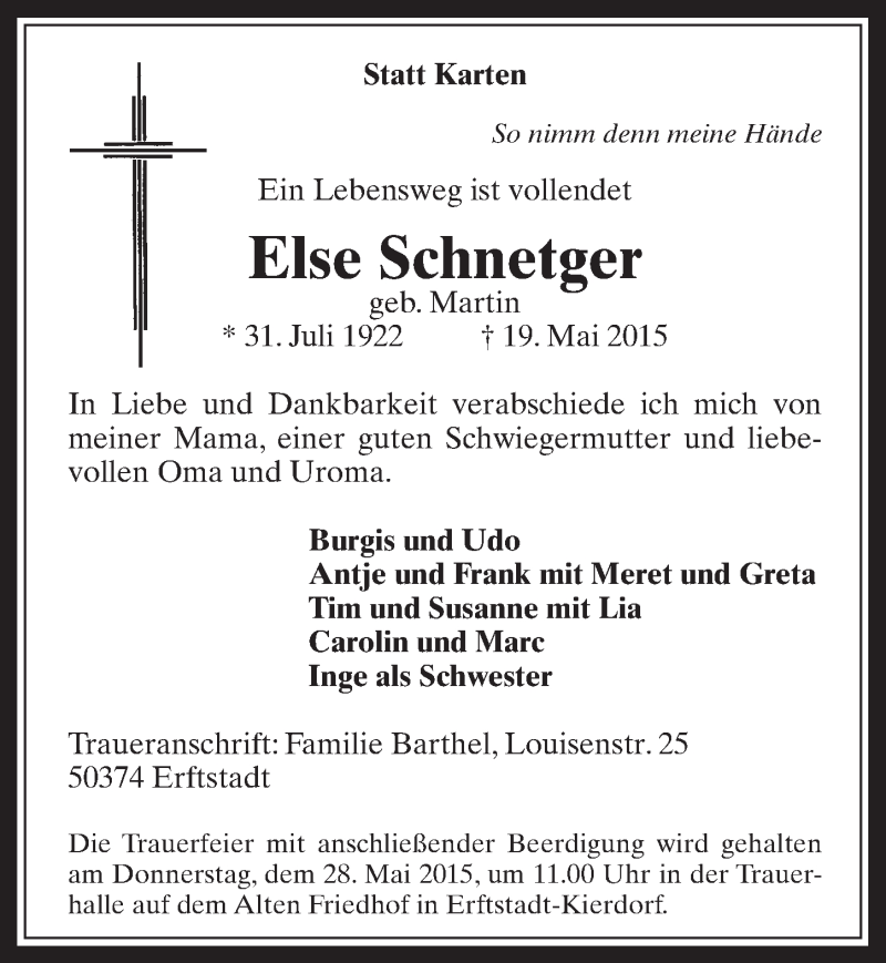  Traueranzeige für Else Schnetger vom 27.05.2015 aus  Werbepost 