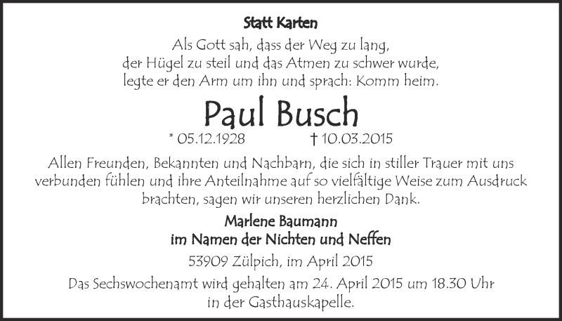 Traueranzeige für Paul Busch vom 19.04.2015 aus  Blickpunkt Euskirchen 