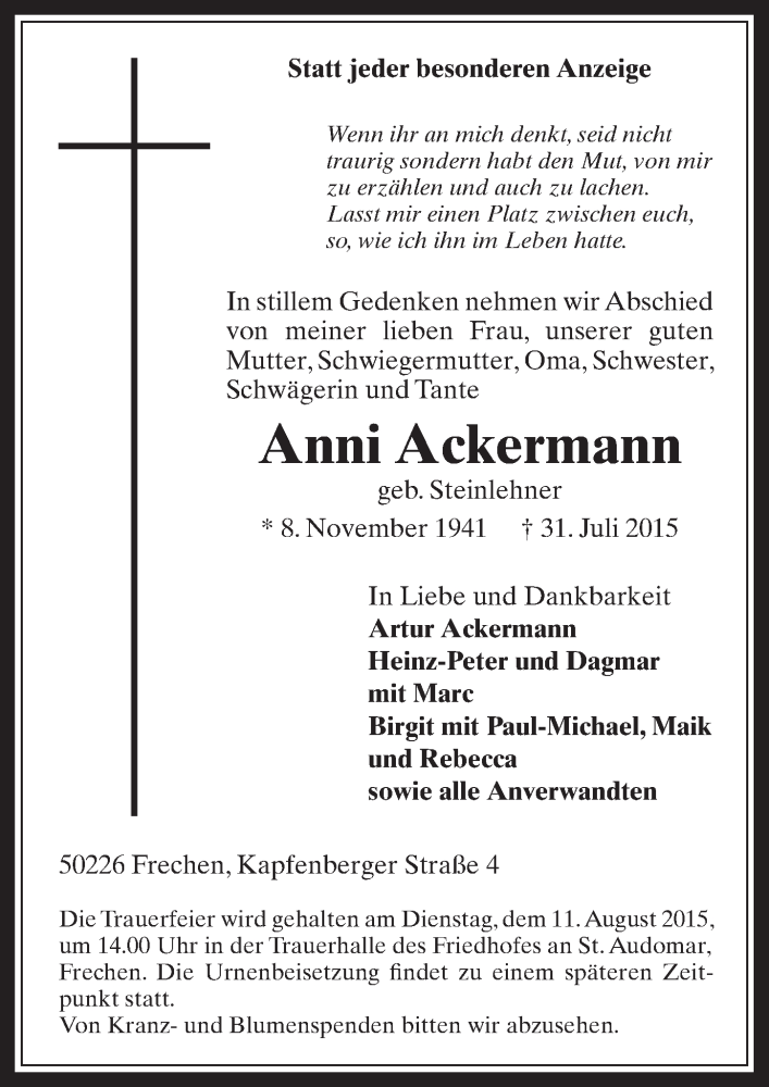  Traueranzeige für Anni Ackermann vom 05.08.2015 aus  Wochenende 