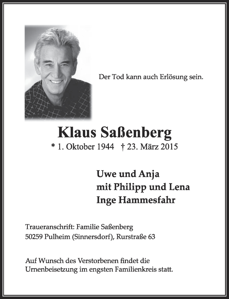  Traueranzeige für Klaus Saßenberg vom 28.03.2015 aus  Sonntags-Post 