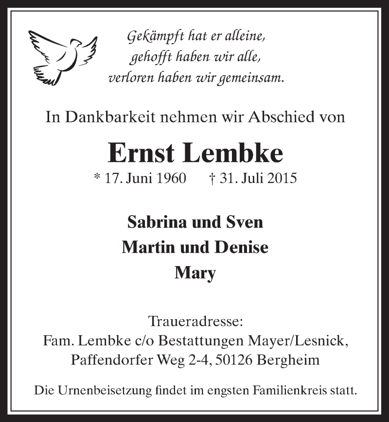  Traueranzeige für Ernst Lembke vom 05.08.2015 aus  Werbepost 
