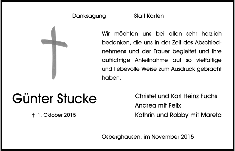  Traueranzeige für Günter Stucke vom 25.11.2015 aus  Anzeigen Echo 