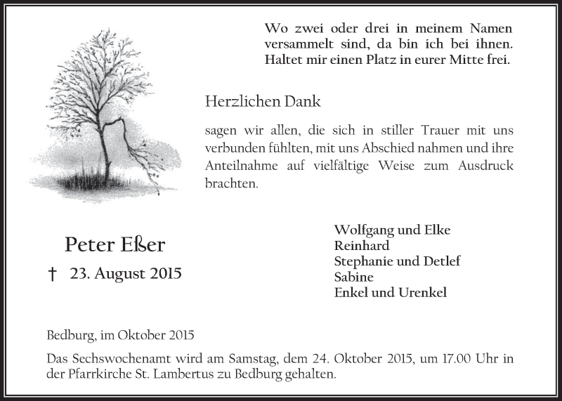  Traueranzeige für Peter Eßer vom 14.10.2015 aus  Werbepost 
