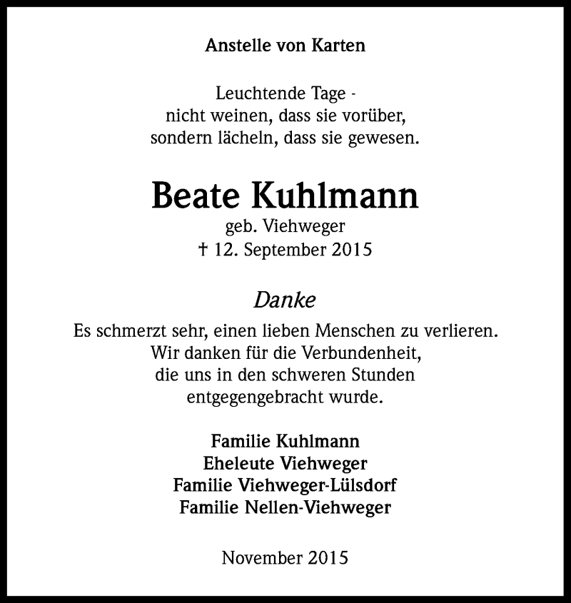  Traueranzeige für Beate Kuhlmann vom 07.11.2015 aus Kölner Stadt-Anzeiger / Kölnische Rundschau / Express