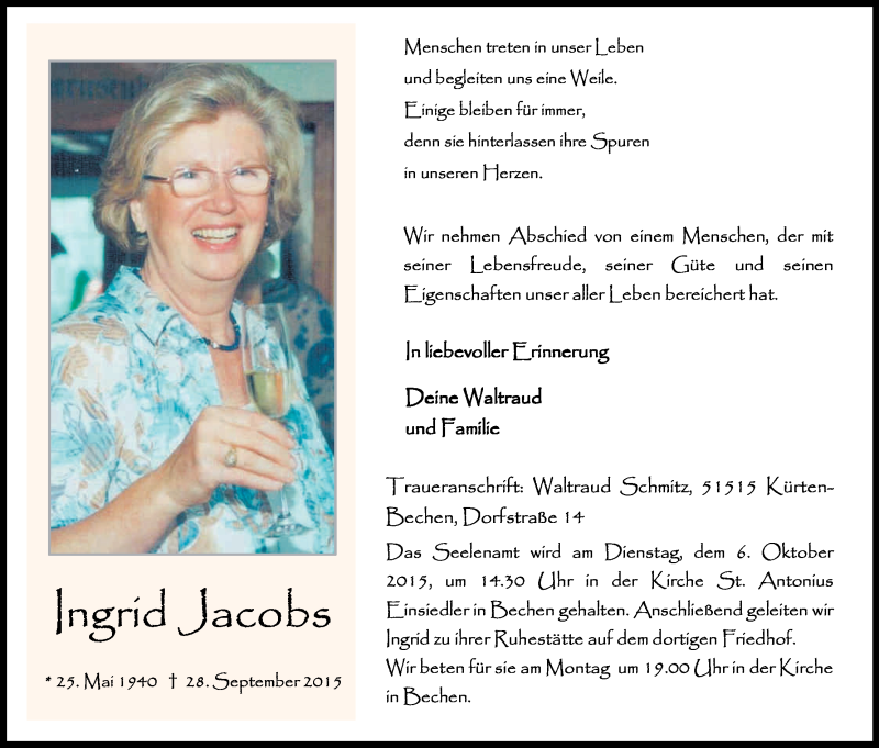  Traueranzeige für Ingrid Jacobs vom 02.10.2015 aus Kölner Stadt-Anzeiger / Kölnische Rundschau / Express
