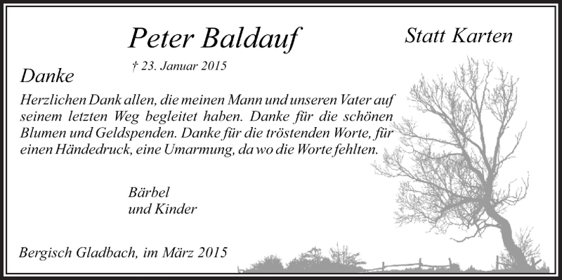  Traueranzeige für Peter Baldauf vom 11.03.2015 aus  Bergisches Handelsblatt 