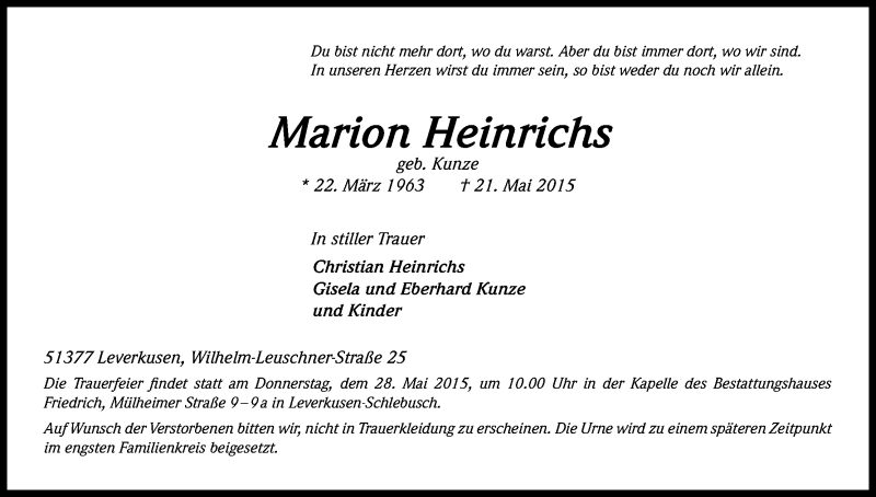  Traueranzeige für Marion Heinrichs vom 21.05.2015 aus Kölner Stadt-Anzeiger / Kölnische Rundschau / Express