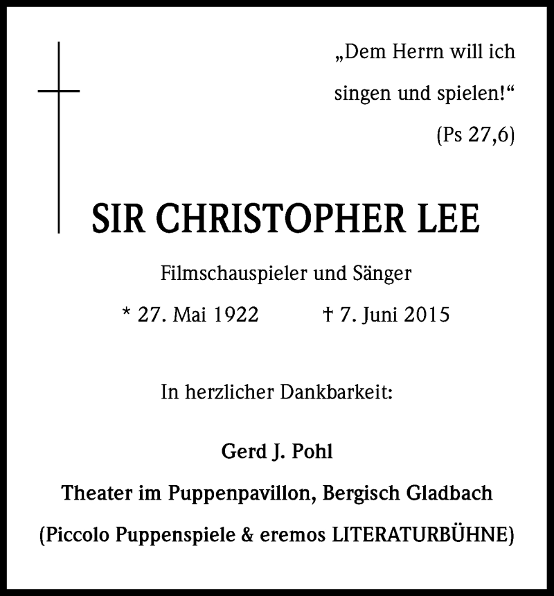  Traueranzeige für Sir Christopher  Lee vom 13.06.2015 aus Kölner Stadt-Anzeiger / Kölnische Rundschau / Express