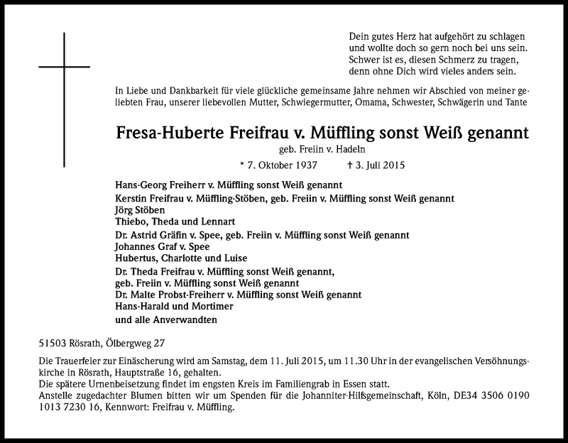  Traueranzeige für Fresa-Huberte Freifrau von Müffling vom 08.07.2015 aus Kölner Stadt-Anzeiger / Kölnische Rundschau / Express
