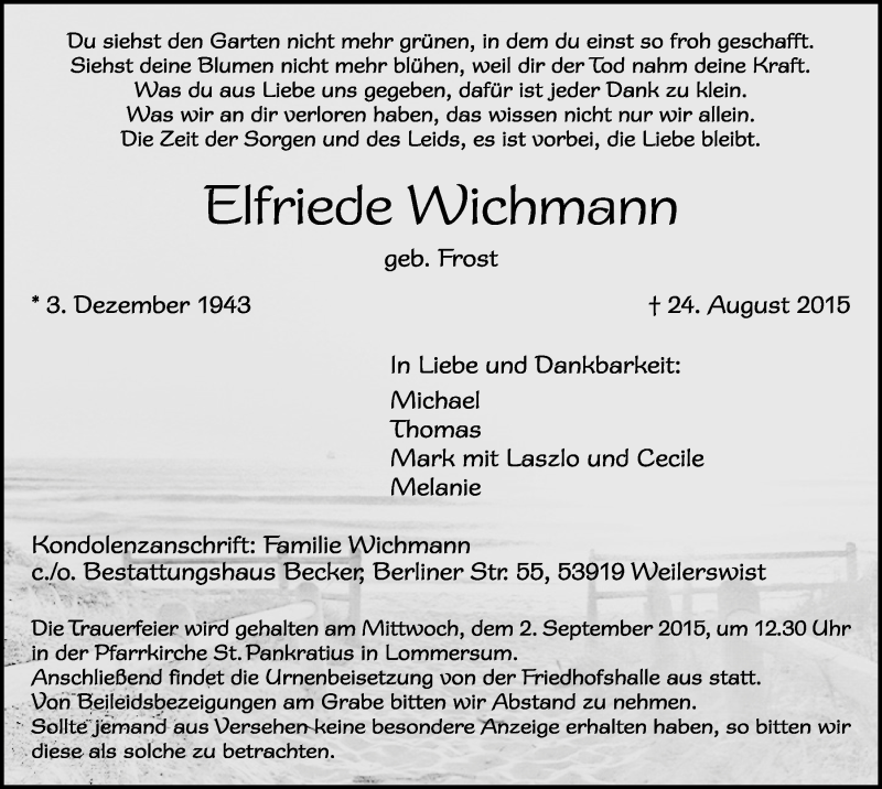  Traueranzeige für Elfriede Wichmann vom 30.08.2015 aus  Blickpunkt Euskirchen 