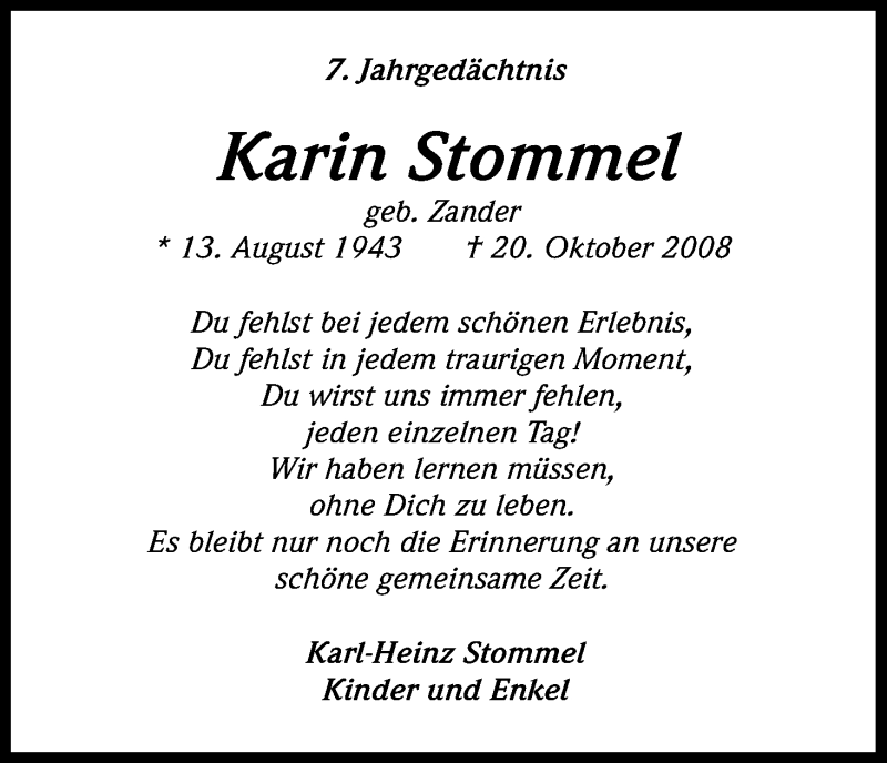  Traueranzeige für Karin Stommel vom 20.10.2015 aus Kölner Stadt-Anzeiger / Kölnische Rundschau / Express